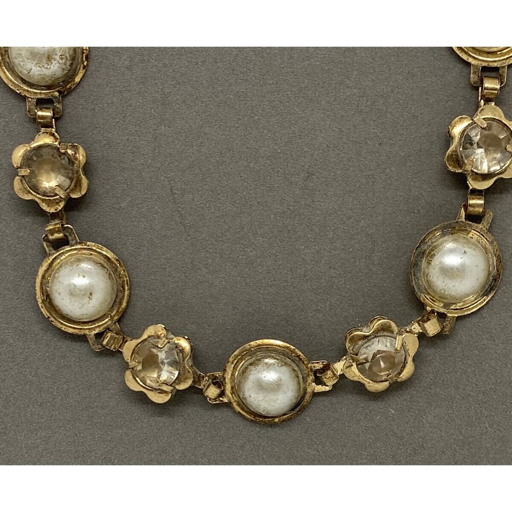 Fashion Gold Metal 34” Chain Necklace Plastic White Beads Rhinestones Estate - Picture 7 of 10
